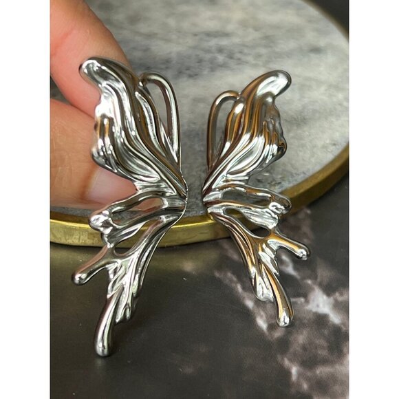 Kim Silver-Tone Asymmetrical Butterfly Earrings - Stainless Steel Earrings - Picture 10 of 10